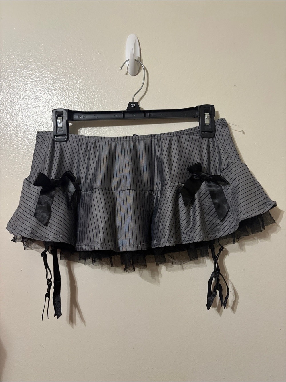 Spencer's Gray Pinstripe Mini Skirt with Black Bows